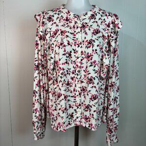 J Crew Top XXL White Pink Floral Ruffle Long Sleeve Button-Front Blouse Women's